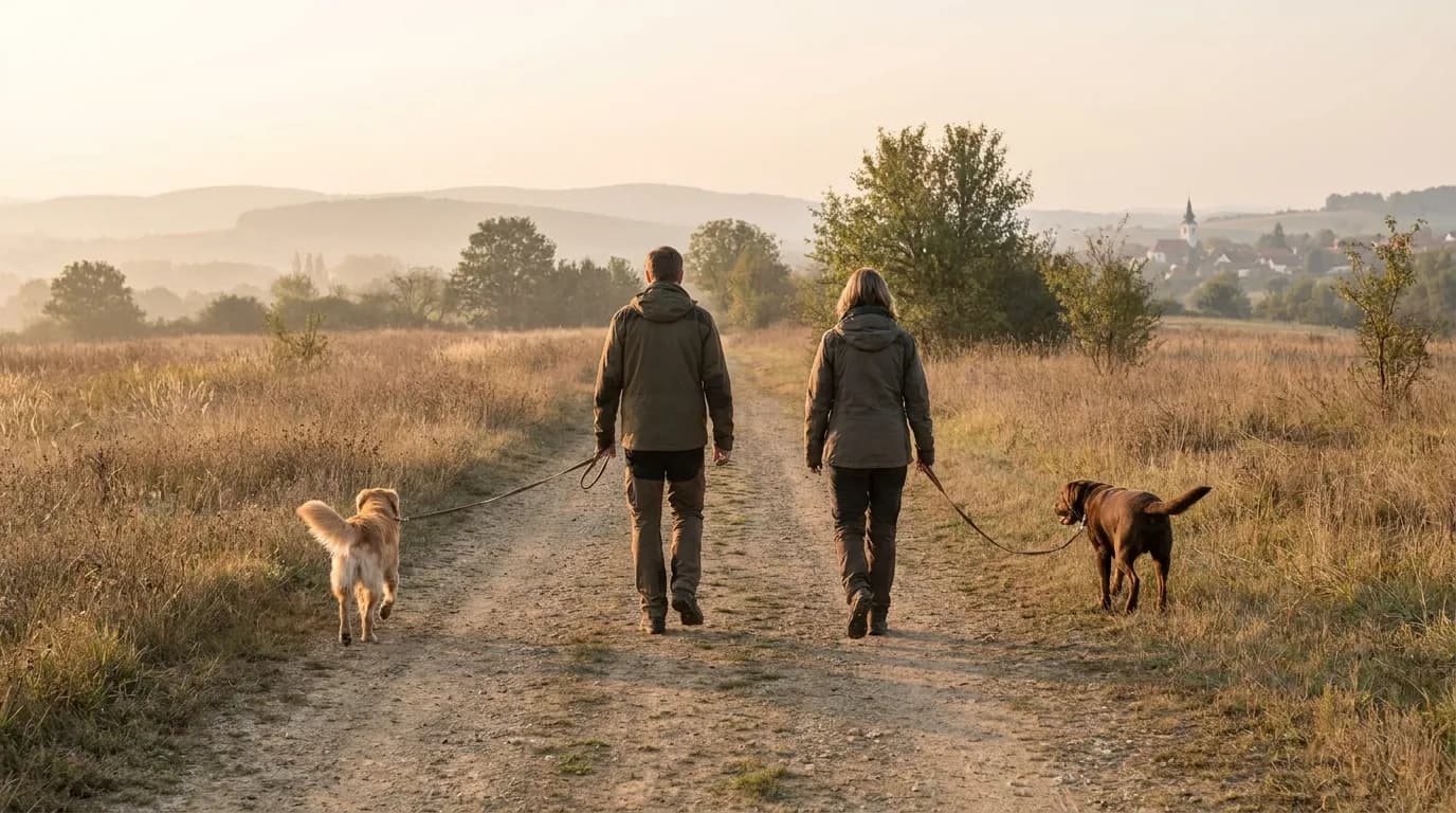 Zwei Hunde begegnen sich entspannt an lockerer Leine — Begegnungstraining Willenskraft Region Schwechat