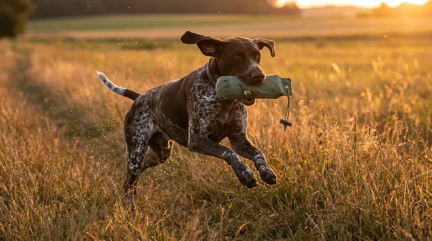 Hund apportiert freudig einen Trainingsdummy über die Wiese — Dummytraining Willenskraft Region Schwechat