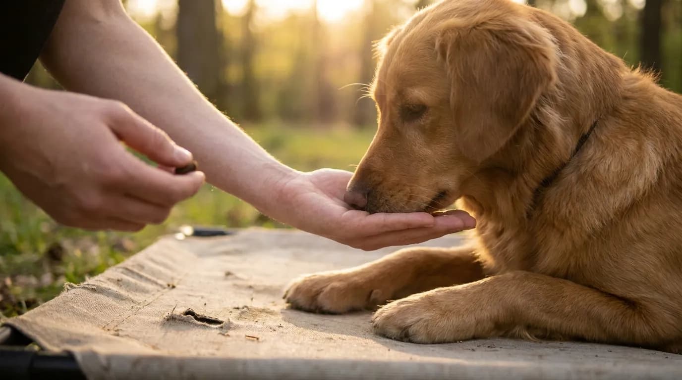 Hund legt entspannt das Kinn in die Hand der Trainerin (Chinrest) — Medical Training Willenskraft Region Schwechat