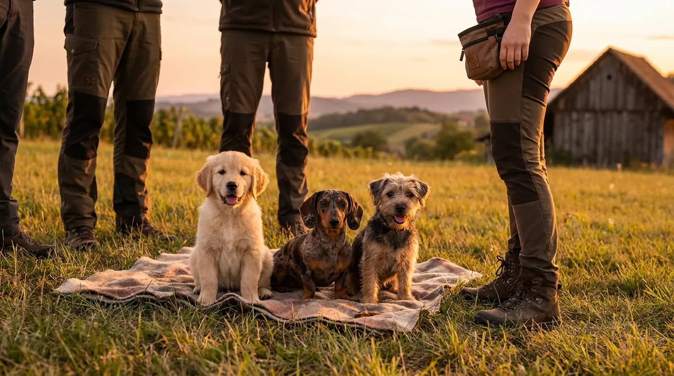 Welpengruppe lernt auf der Wiese — Welpenkurs der Welpenschule Schwechat (Hundeschule Willenskraft)