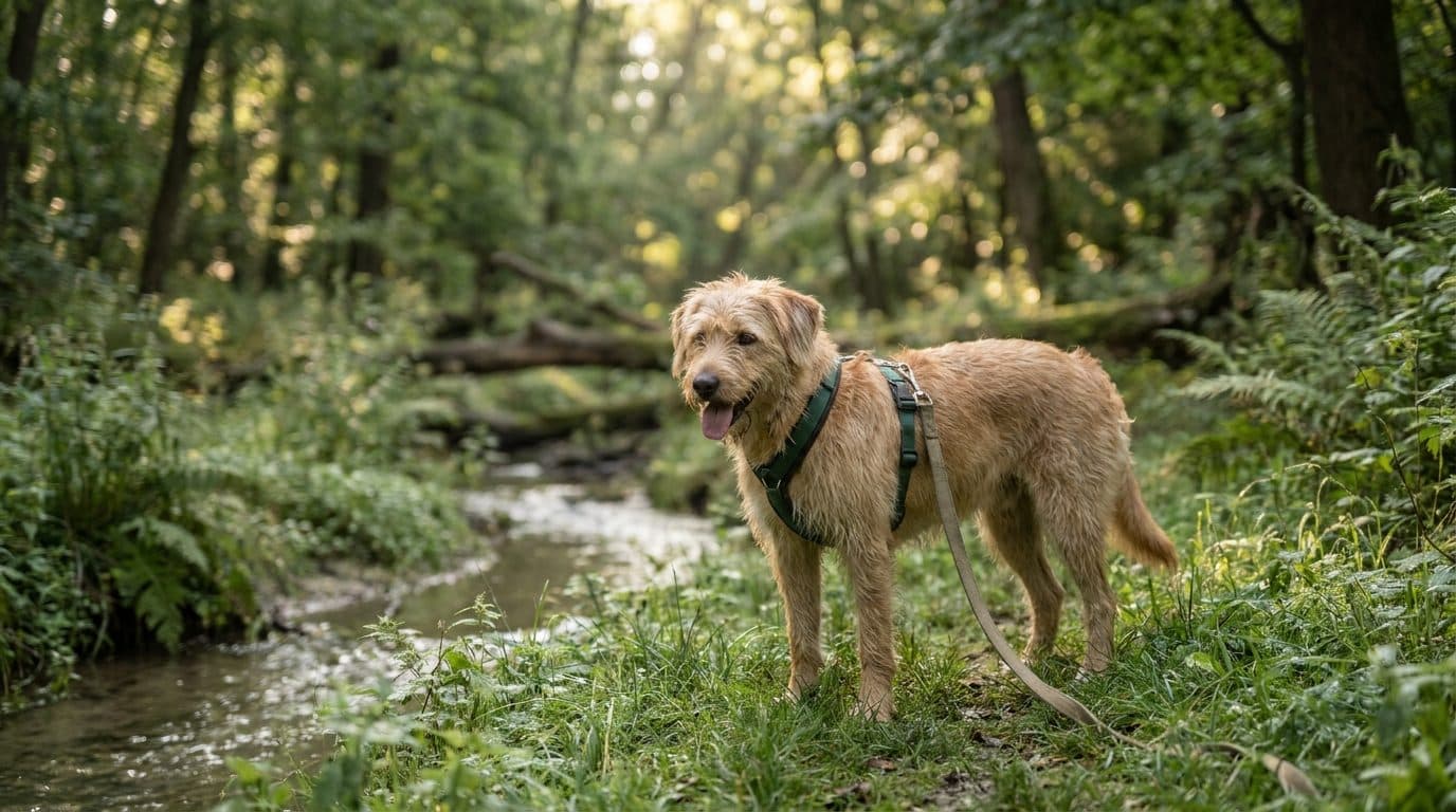 Zufriedener Hund mit Y-Geschirr und lockerer Leine im Schatten der Donau-Auen bei Fischamend im warmen Morgenlicht