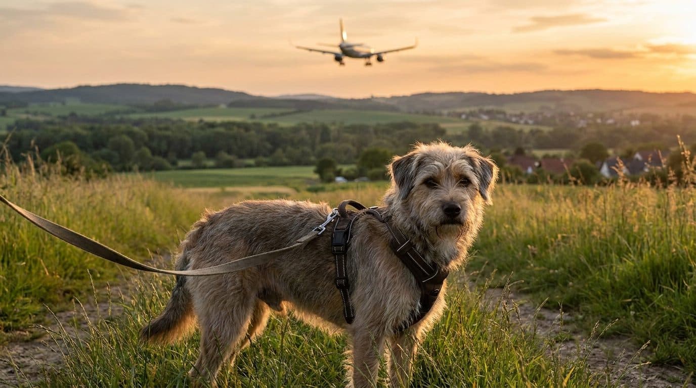 Entspannter Hund mit Y-Geschirr und lockerer Leine auf einer Wiese bei Schwechat, während in der Ferne ein Flugzeug über die Einflugschneise steigt