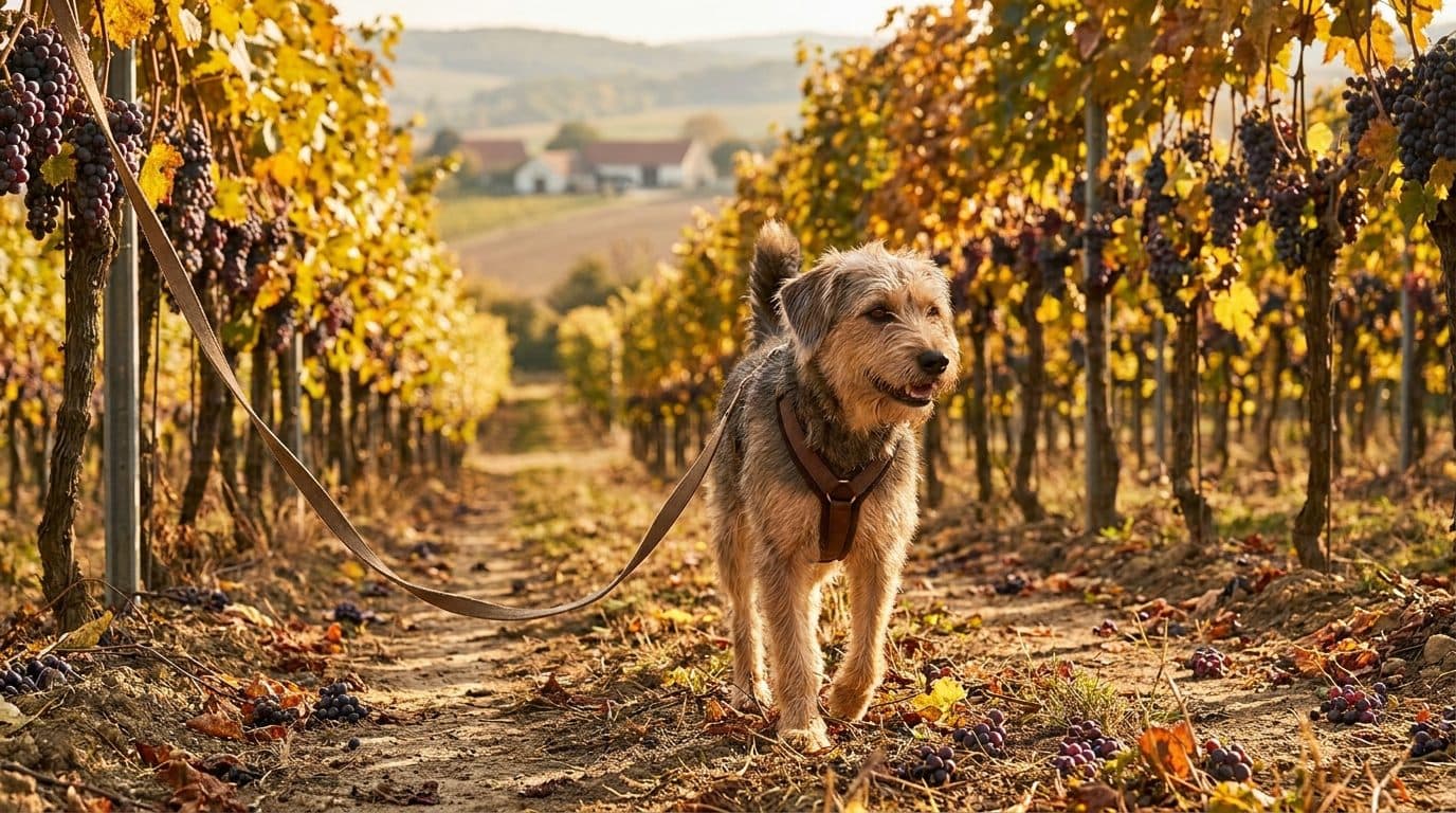 Zufriedener Hund mit Y-Geschirr und lockerer Leine am Rand eines herbstlichen Weingartens in Gumpoldskirchen in der Thermenregion